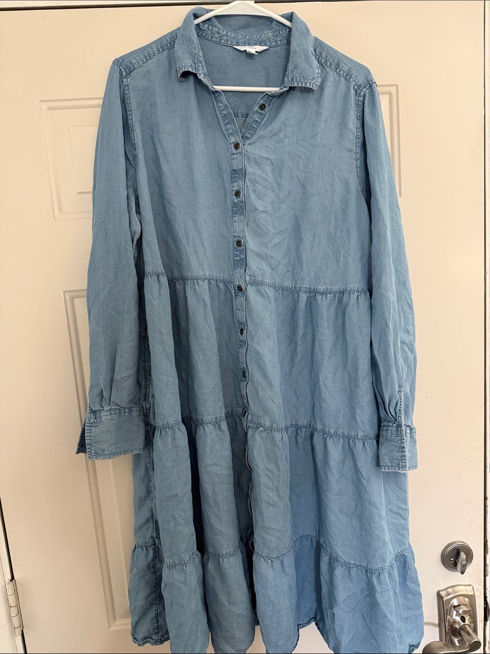 Light Wash Denim Tiered Button-Up Dress